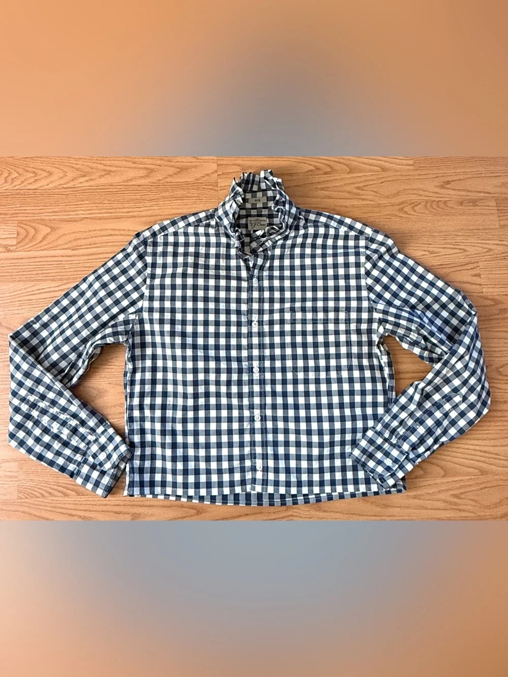 Upcycled J. Crew Navy and White Gingham Button-Down Shirt with Ruffle Neck - Picture 6 of 14